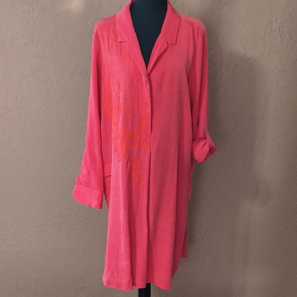 Soft Surroundings Coral Embroidered Tencel Shirt Dress Size XL